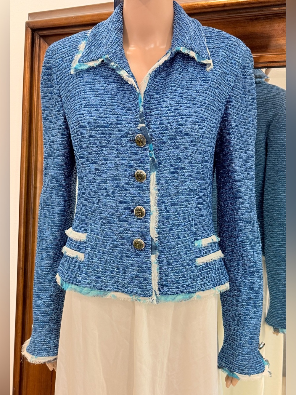 St. John Couture Blue Tweed Knit Blazer Jacket Fringe Raw Edge Sz 10 US